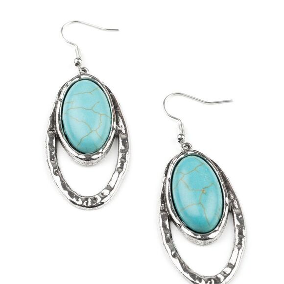 Silver and Turquoise Oval Drop Earrings - Picture 1 of 2